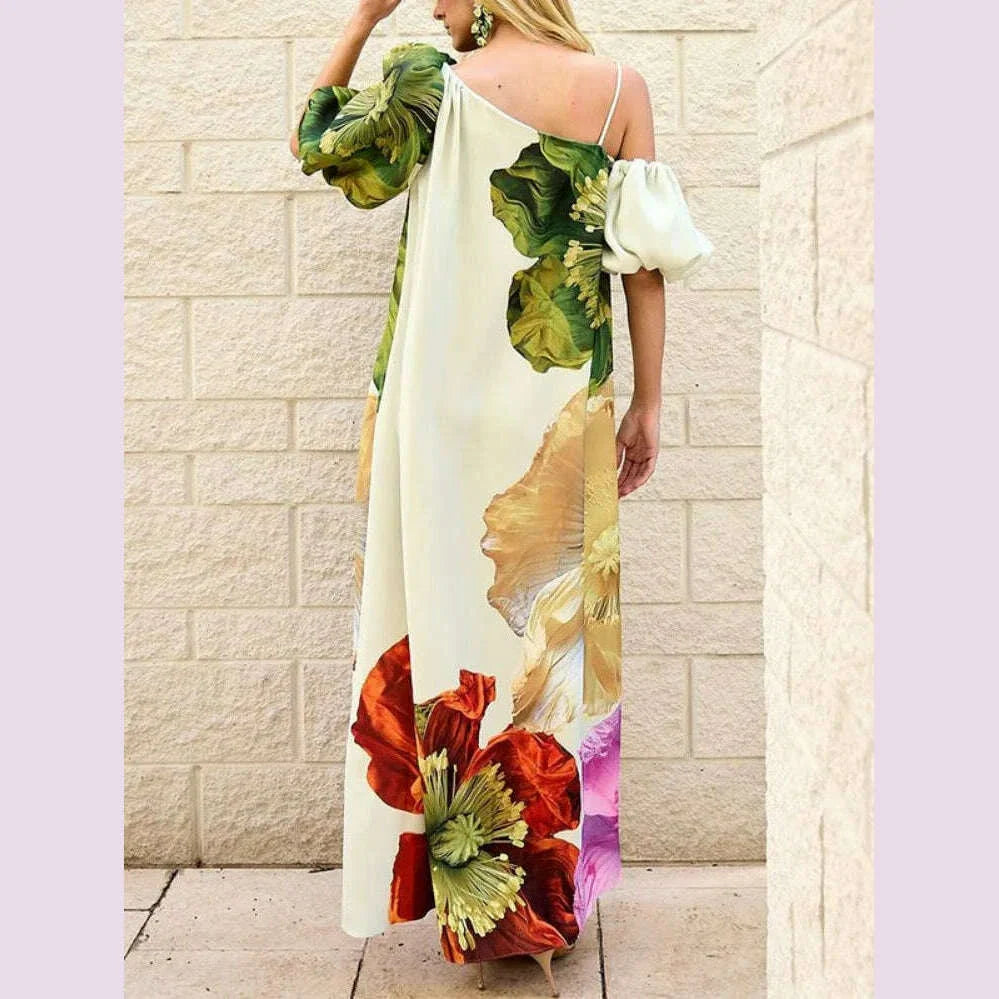 Yeezzi Women's Dress 2025 New Summer Floral Print One-shoulder Elegant Party Evening Maxi Dresses Fashion Vacation Beach Dress