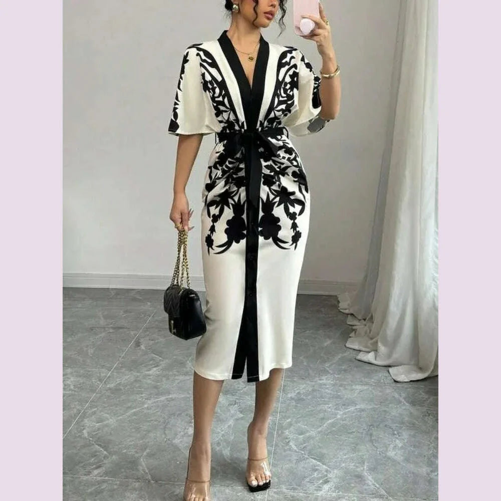 Yeezzi Urban Elegant Women Flower Printed Tied Waist Party Evening Midi Dresses 2025 New Half Sleeves V-Neck Office A-line Dress