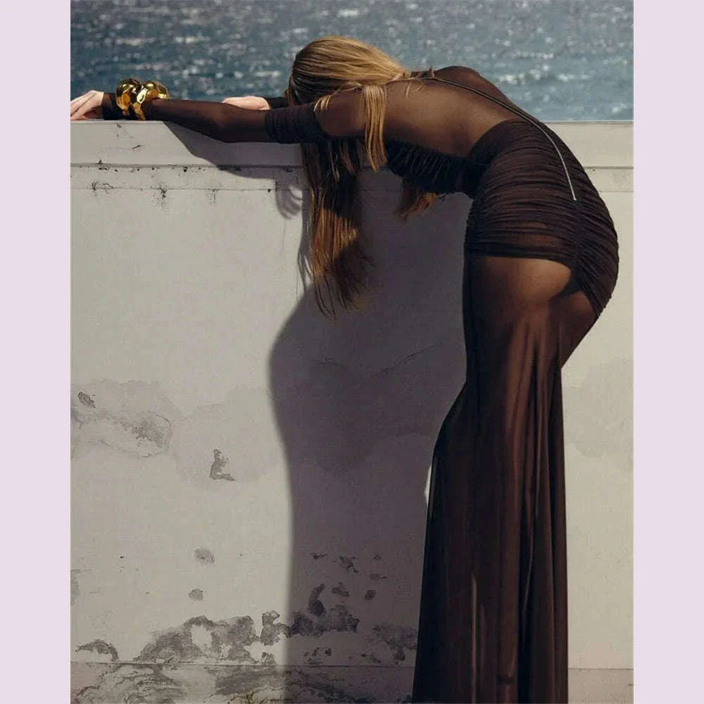 Mozision Mesh Ruched Sexy Maxi Dress For Women Fashion Zipper Patchwork See Through Long Sleeve Elegant Club Party Long Dress