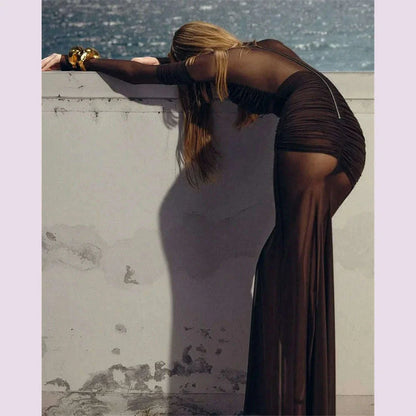 Mozision Mesh Ruched Sexy Maxi Dress For Women Fashion Zipper Patchwork See Through Long Sleeve Elegant Club Party Long Dress