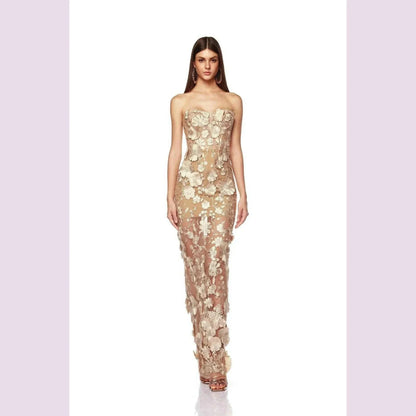 Luxurious 3D Flowers Chest Wrapping Dresses Spring Women High Waist Zipper Knee Length Dress Female Sleeveless Backless Dress