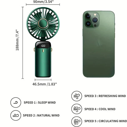 4000mAh Handheld Mini Fan Foldable Portable Neck Hanging Fans 5 Speed USB Rechargeable Fan with Phone Stand and Display Screen