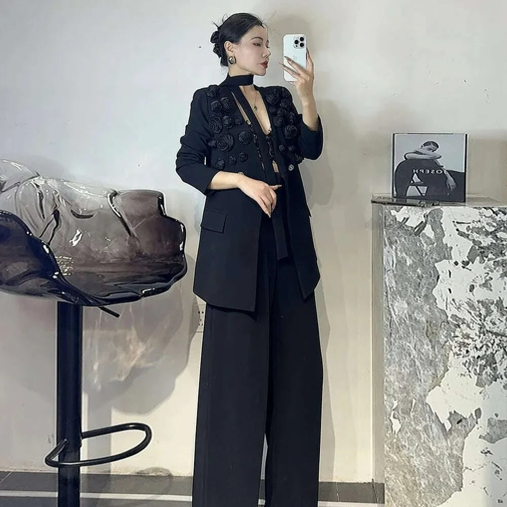 TWOTWINSTYLE Solid Two Piece Set For Women Lapel Long Sleeve Spliced Appliques Coat High Waist Wide Leg Pant Chic Sets Female