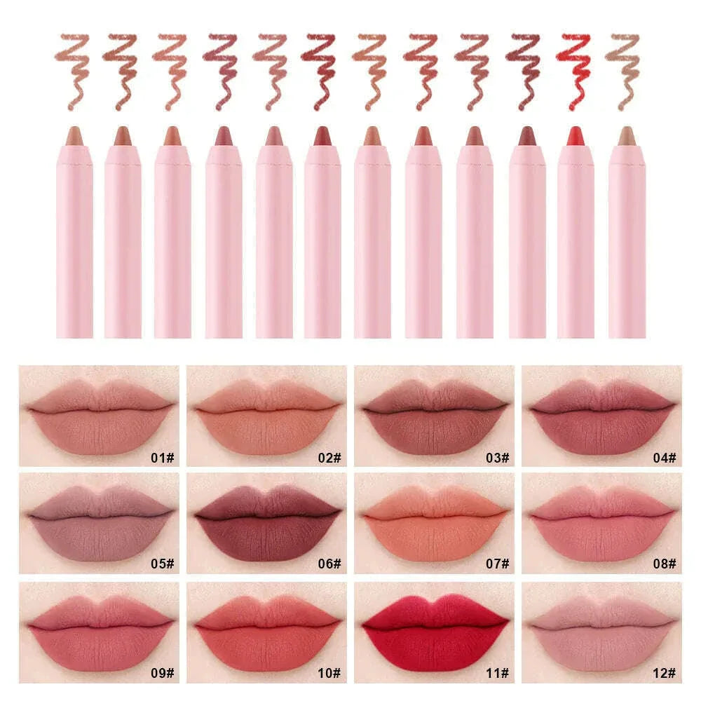 12 Colors Nude Matte Lipstick Pen Lip Liner Pencil Waterproof Long Lasting Lipgloss Plum Pink Plump Lip Stain Korean Cosmetics