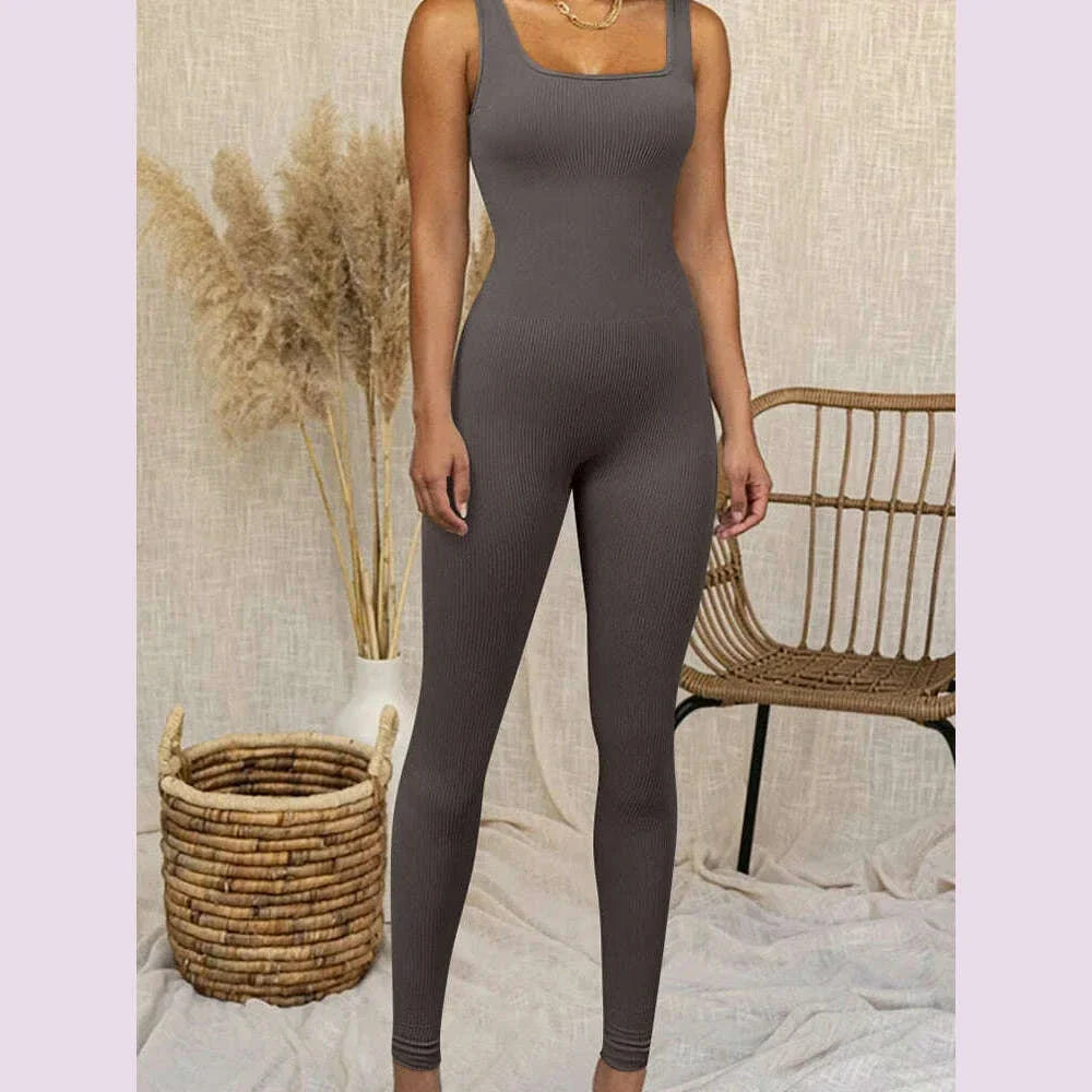 Women's Sleeveless Yoga Jumpsuit Exercise Ribbed Square Neck Vest High Waist  Fitness Sports One-piece Yoga Suit