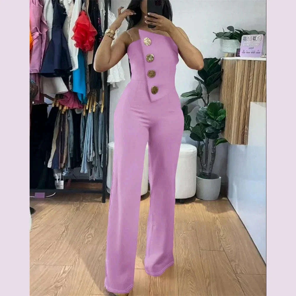 Women's Elegant Sexy Button Sleeveless Strapless Irregular Jumpsuits 2025 Wide Leg Outfits Night Club Streetwear One Piece