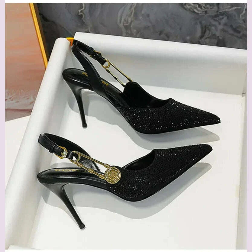 Spring Summer Fashion Shoes Luxury Rhinestones Sequined Buckle Women Pumps Elegant Pointed toe Slingbacks Stiletto High heels