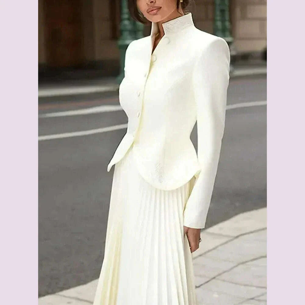 TWOTWINSTYLE Solid Two Piece Set For Women Stand Collar Long Sleeve Spliced Button Tops High Waist Skirt Chic Set Female Fashion