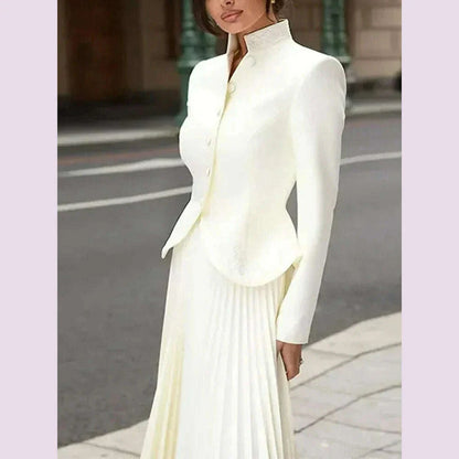 TWOTWINSTYLE Solid Two Piece Set For Women Stand Collar Long Sleeve Spliced Button Tops High Waist Skirt Chic Set Female Fashion