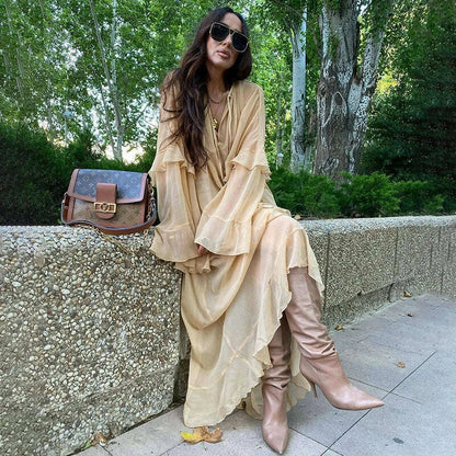 Tornova Chiffon Ruffled Long Dress For Women Flared Sleeves Long Sleeve V-Neck High Waist Dress Female Summer Casual Loose Dress