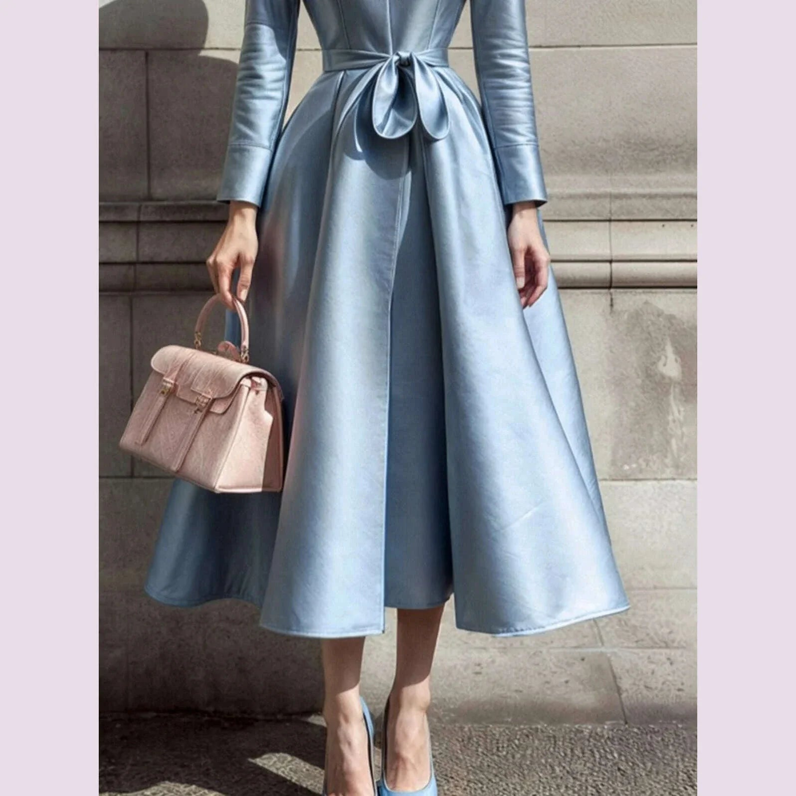 Elegant Dress for Women Stand Collar Pleated A-Line Long Sleeve Sweet Party Club Evening Wedding Guest Midi Dresses with Belt