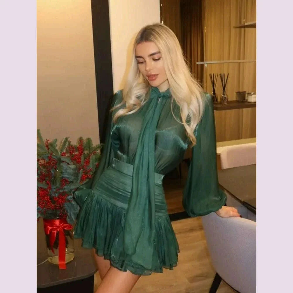 Bow Lace Up Top Pleated Short Skirt Two Piece Sets Casual Fashion Shirt Glitter Blouse High Waist Half Skirts Women's Clothing