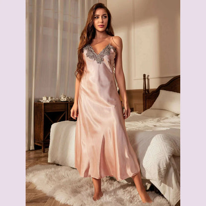 Lace Trim Satin Slip Nightdress  V Neck Backless Sleep Dress  Women's Sleepwear   Dresses