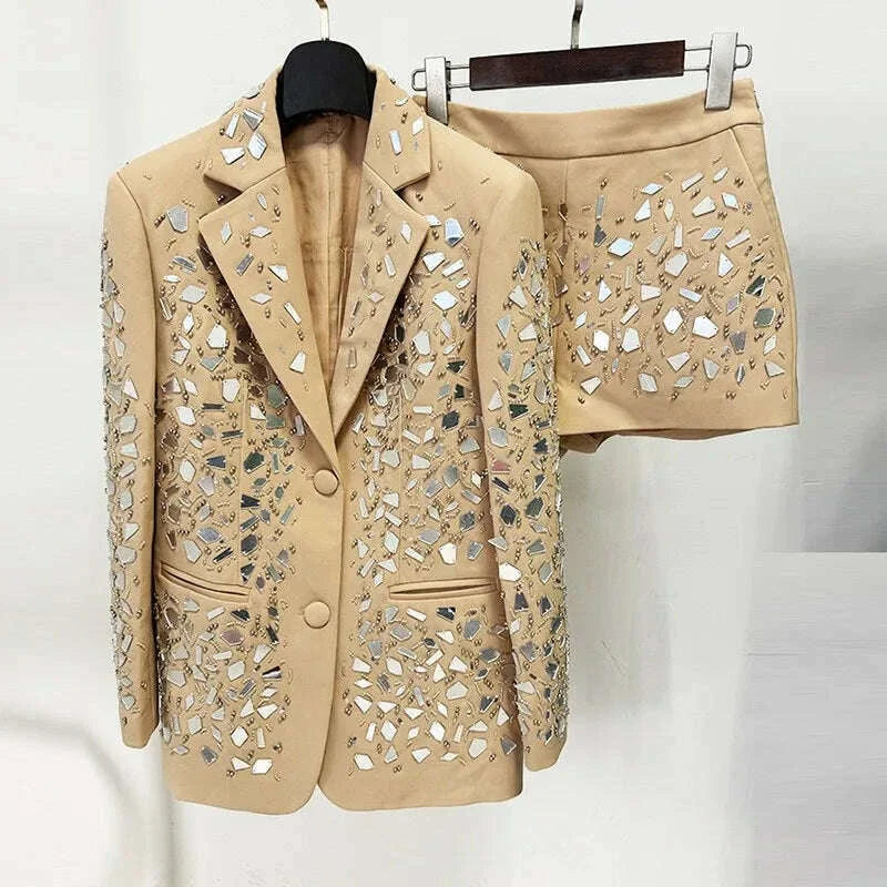Fashion Runway Women Suits Sets Shiny Sequin Beading Single Breasted Blazers Shorts Office Ladies Design Elegant Two Pece Set