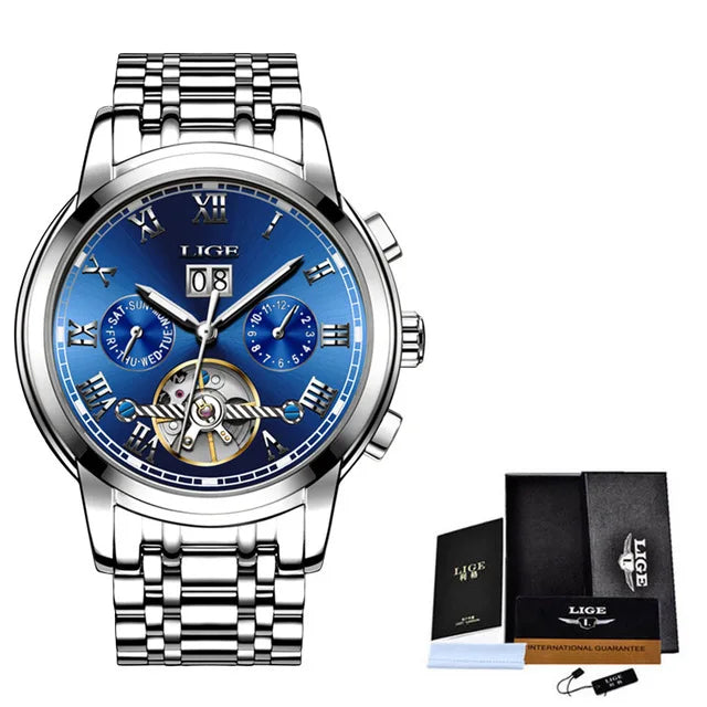 LIGE Luxury Mens Watches Automatic Watch for Men Tourbillon Wristwatch Waterproof Mechanical Watch Date Clock Relogio Masculino