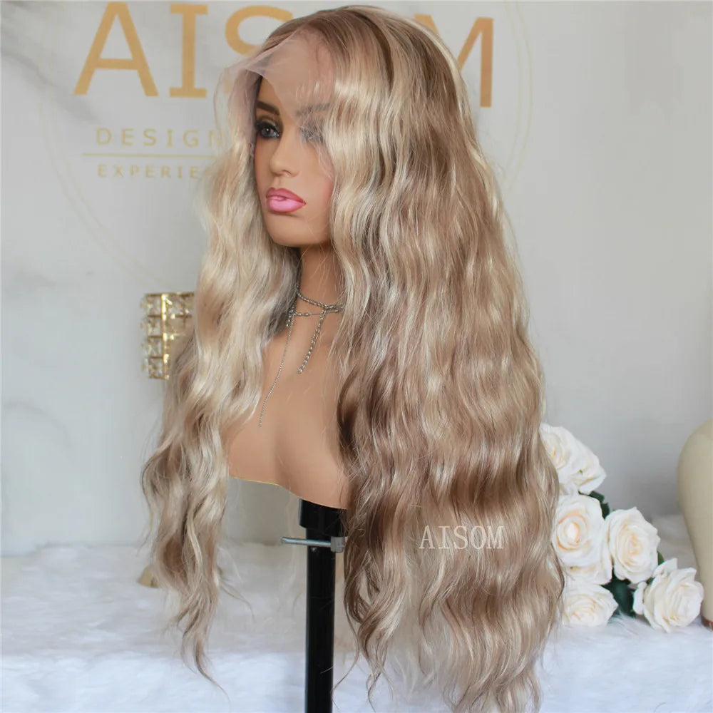 Long Wavy Synthetic Lace Front Wig Highlight Blonde Natural Wave Transparent Pre Plucked Heat Resistant Fiber Wig for Women