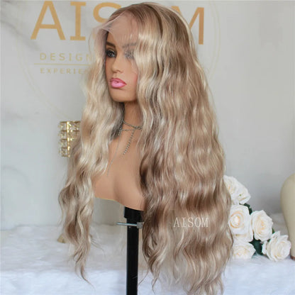 Long Wavy Synthetic Lace Front Wig Highlight Blonde Natural Wave Transparent Pre Plucked Heat Resistant Fiber Wig for Women