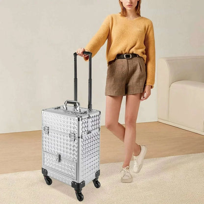 Rolling Makeup Train Case, Makeup Trolley with Drawer, Nail Case Wheeled Manicure Storage Case for Hair Stylists,Pet Groomers