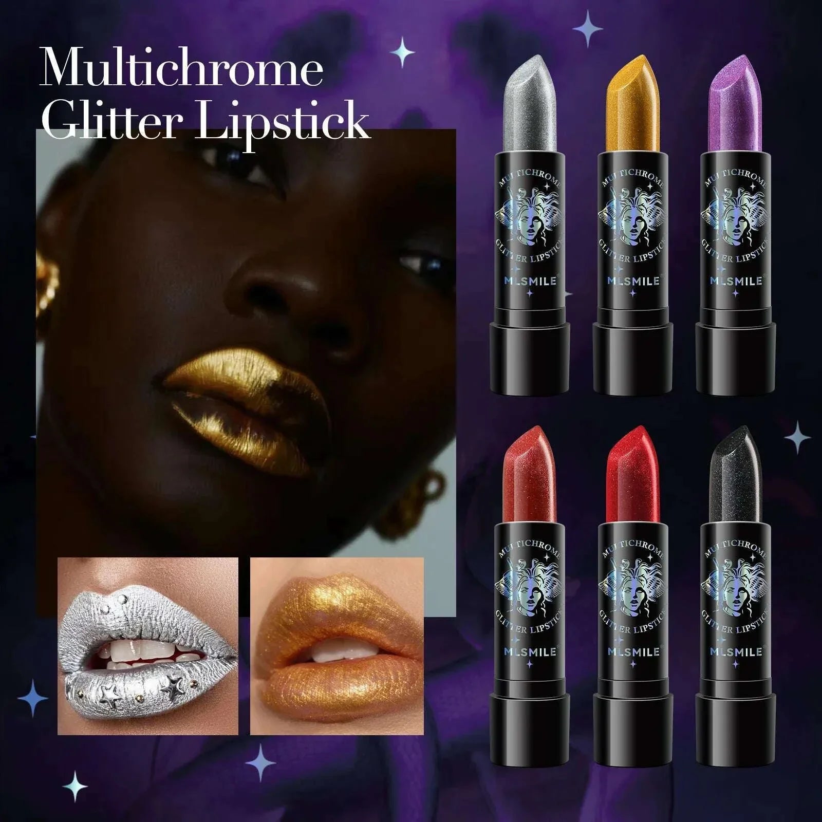 6Colors Glitter Lipstick Waterproof Long Lasting Diamond Pearlescent Metallic Lipstick Black Lipgloss Women Lips Makeup Cosmetic