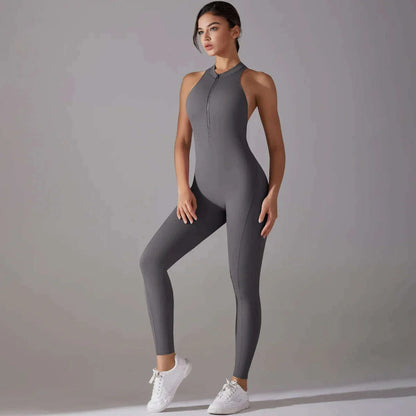 Sexy Hollow Backless Scrunch Sporty Jumpsuit Raises Butt Woman Gym Set One Piece Sport Suit Sleeveless Zip Yoga Fitness Overalls