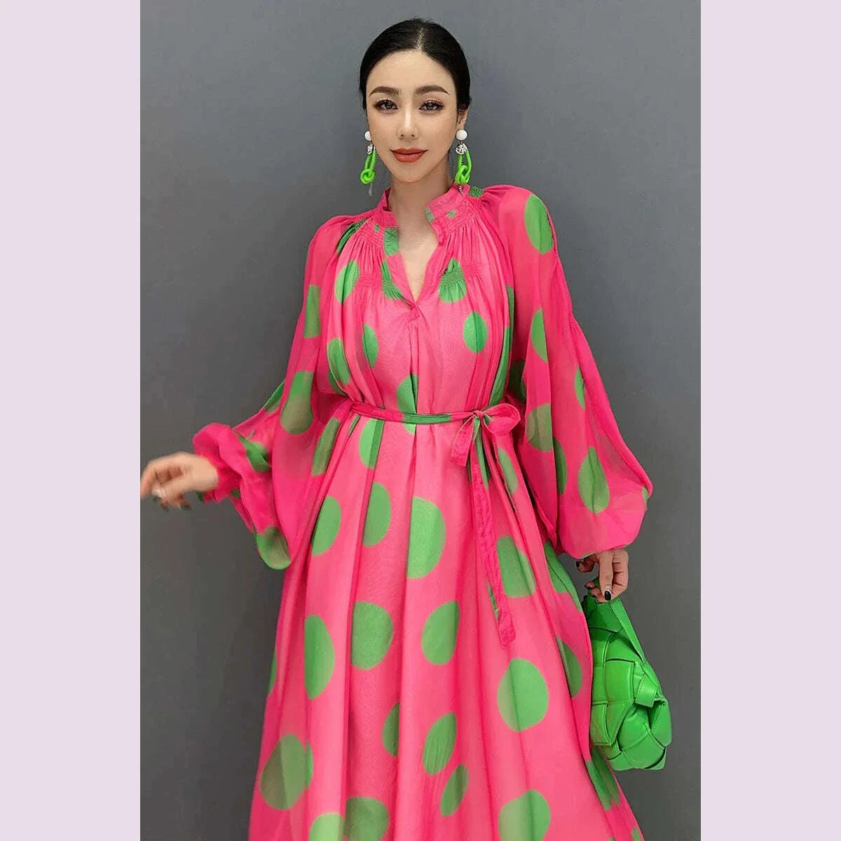 Vefadisa 2025 Summer New Dress Chiffon Printed Polka Dot Puff  Sleeves V-neck Long Dress Loose And Elegant HLX007