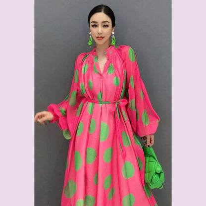 Vefadisa 2025 Summer New Dress Chiffon Printed Polka Dot Puff  Sleeves V-neck Long Dress Loose And Elegant HLX007