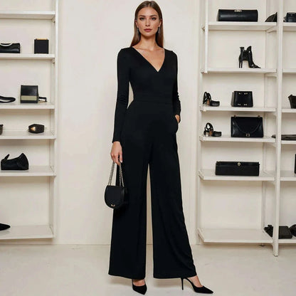 Mia Muse Women's Jumpsuits All Season French Elegant Solid Color Waist In Design  Long Sleeve Plunge Neck Wide Leg Suitable for