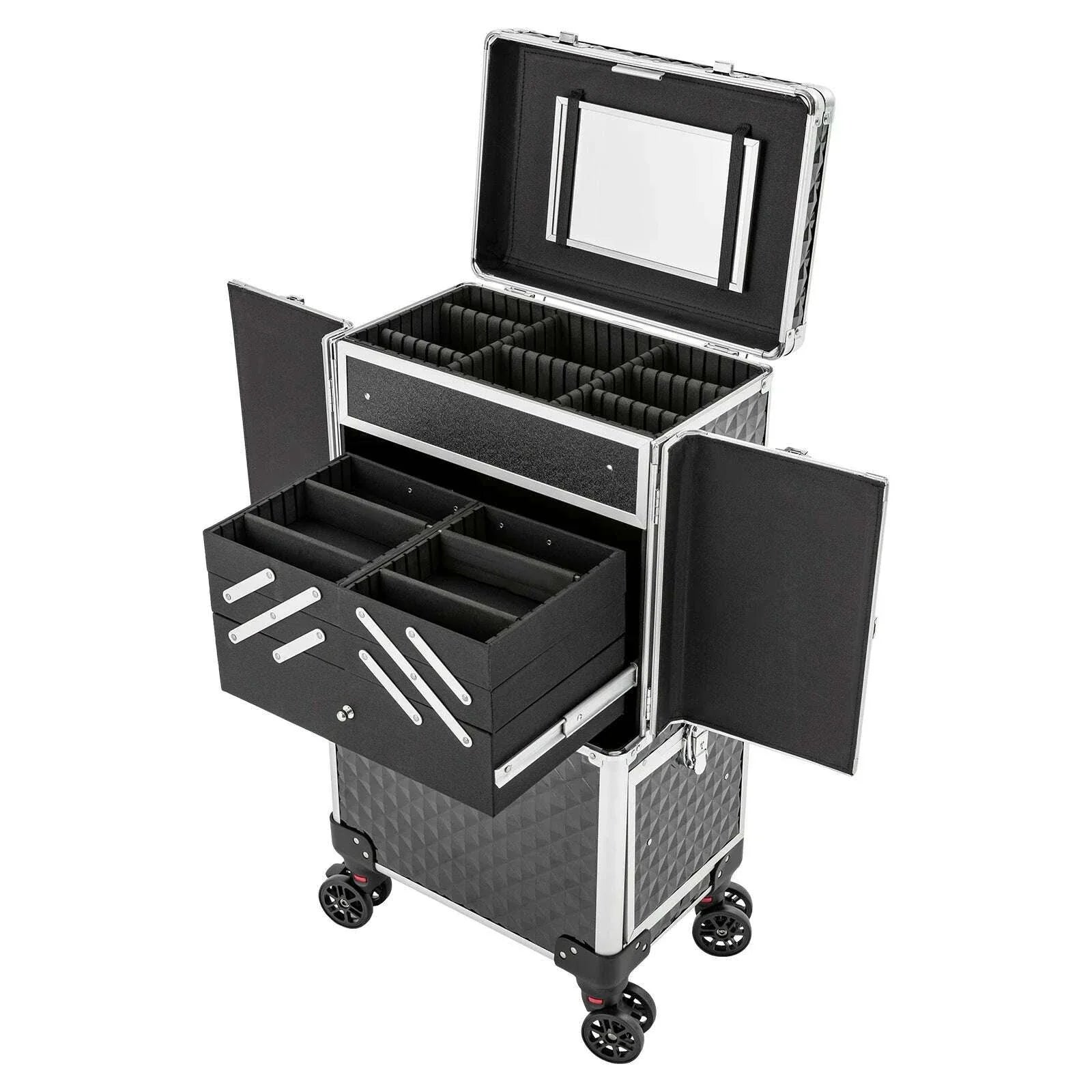 Multi-tier Rolling Makeup Case, Heavy-duty ABS and Fiberboard Construction, Ergonomic Handle, Perfect for Hairstylists
