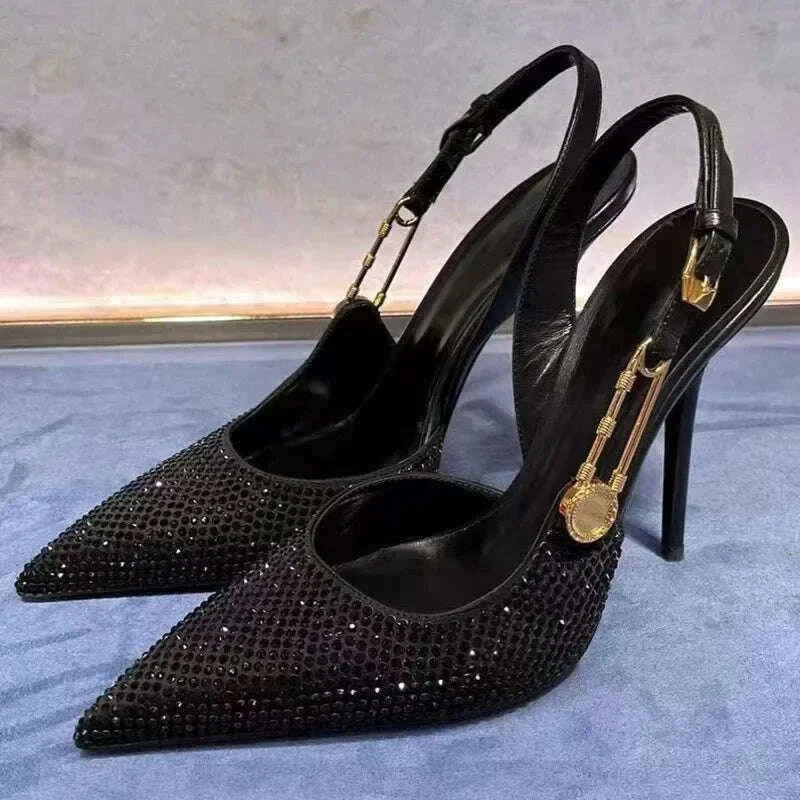 Spring Summer Fashion Shoes Luxury Rhinestones Sequined Buckle Women Pumps Elegant Pointed toe Slingbacks Stiletto High heels