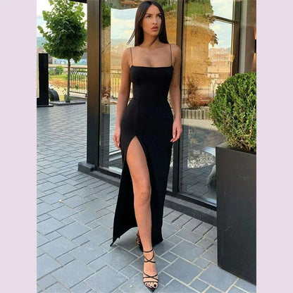 Women Summer Sexy Bodycon Dress Lady Sexy Spaghetti Strap Sleeve Split Solid Color Sheath Dress Vestidos