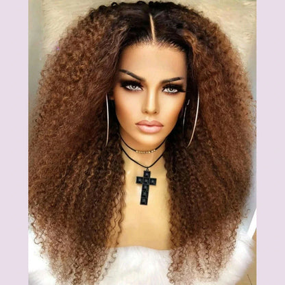 Ombre Honey Blonde Kinky Curly Long 26Inch Soft Lace Front Wig For Black Women Natural Hairline 180 Density Preplucked BabyHair