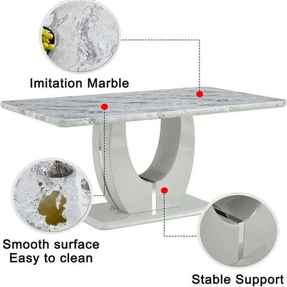 63-Inch Rectangular Marble Dinner Table for 6 - Imitation Marble Grain for Kitchen and Dining Room, Grey Finish