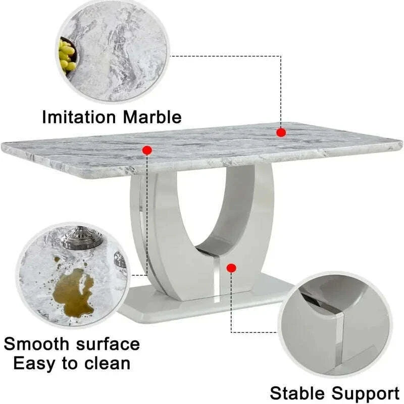63-Inch Rectangular Marble Dinner Table for 6 - Imitation Marble Grain for Kitchen and Dining Room, Grey Finish