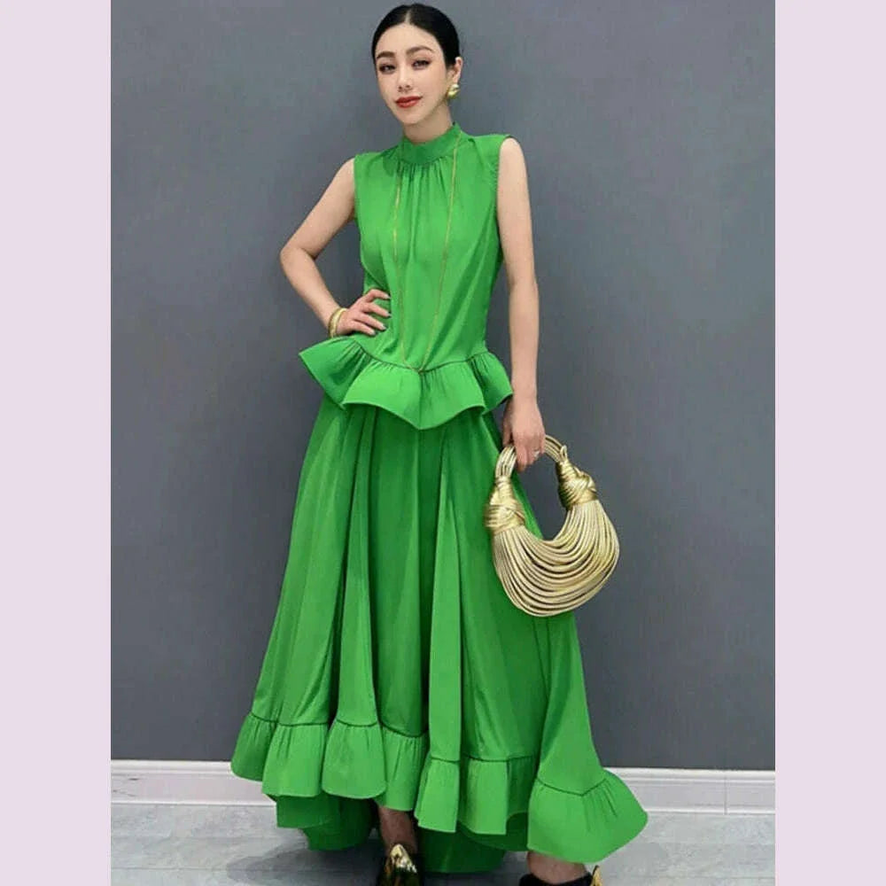Vefadisa Newest 2025 Summer Green Women Sets Sleeveless Ruffle Edge Top Large hem Long Skirt Two pieces Dress Sets HLX064