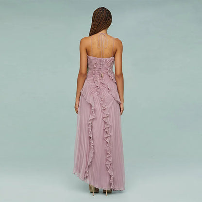 Ruffles Tiered Pleated Maxi Dress Women Summer Fashion A Line Backless Halter Sexy Dresses Gown Elegant Evening Long Party Dress