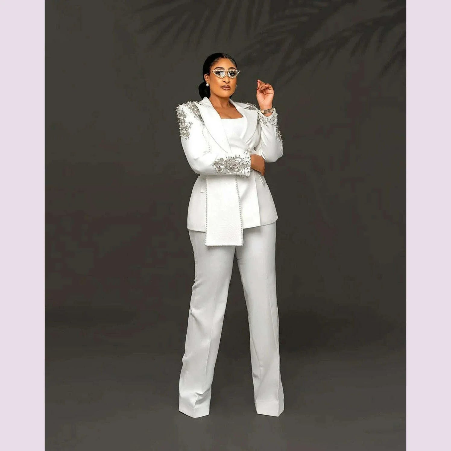 Customized Unique Design Beads Women Pants Suits White Wedding Blazer Jacket Guest Wear Slim Fit 2 Pieces