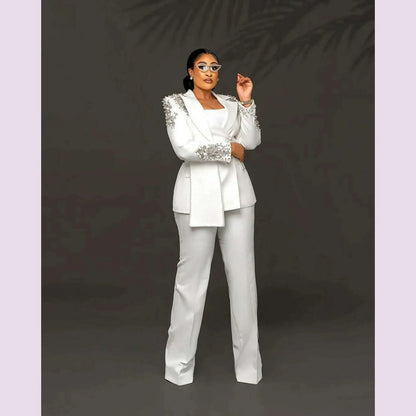 Customized Unique Design Beads Women Pants Suits White Wedding Blazer Jacket Guest Wear Slim Fit 2 Pieces