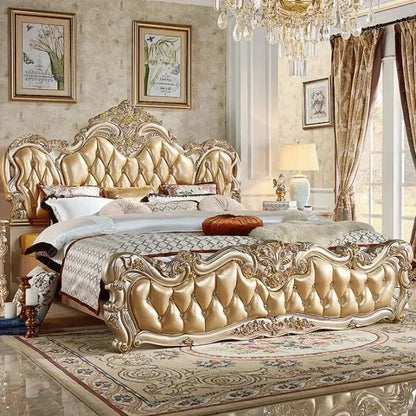 Luxury Gold Double Bed King Size Solid Wood Bedroom Set for Adults, Modern Princess Design Comfort Mattress