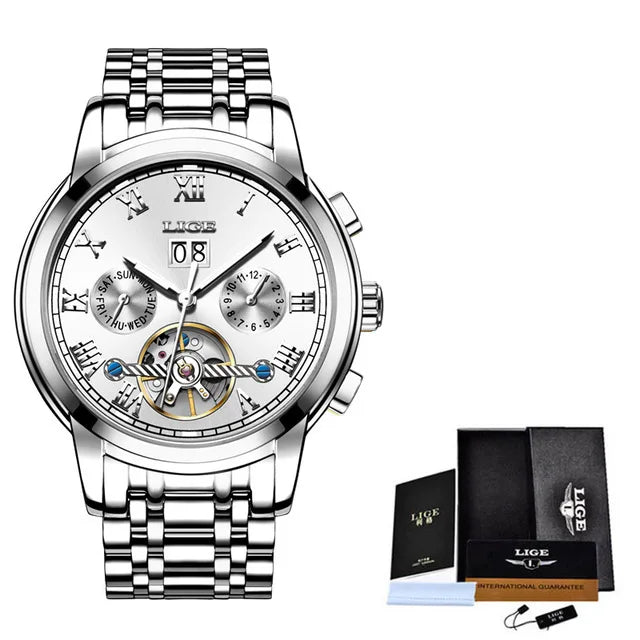 LIGE Luxury Mens Watches Automatic Watch for Men Tourbillon Wristwatch Waterproof Mechanical Watch Date Clock Relogio Masculino