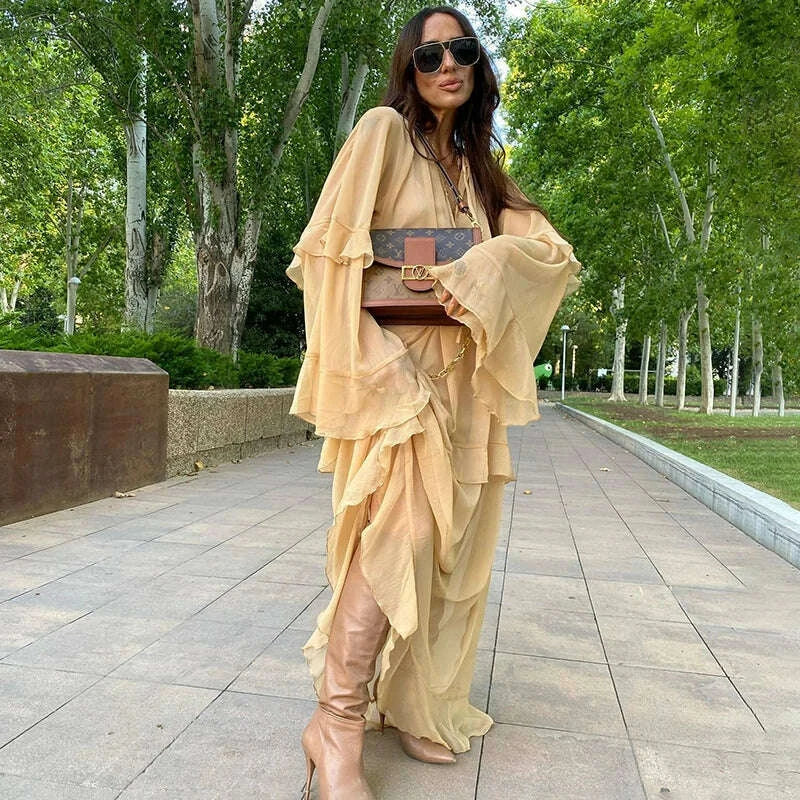 Tornova Chiffon Ruffled Long Dress For Women Flared Sleeves Long Sleeve V-Neck High Waist Dress Female Summer Casual Loose Dress