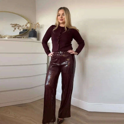 Street Sequin Pants Women Loose High Waist Wide Legs Shiny Trousers Female 2025 Spring Fashion Straight Chic Streetwears Lady