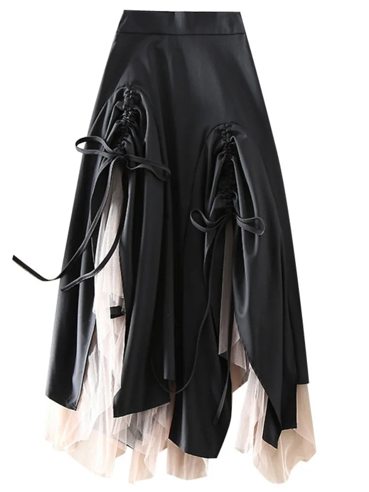 UCXQ Fashion Patchwork Black Lace Drawstring Skirt Women's Clothing Irregular Folds High Waist Skirts 2025 Spring Summer 2Q11360