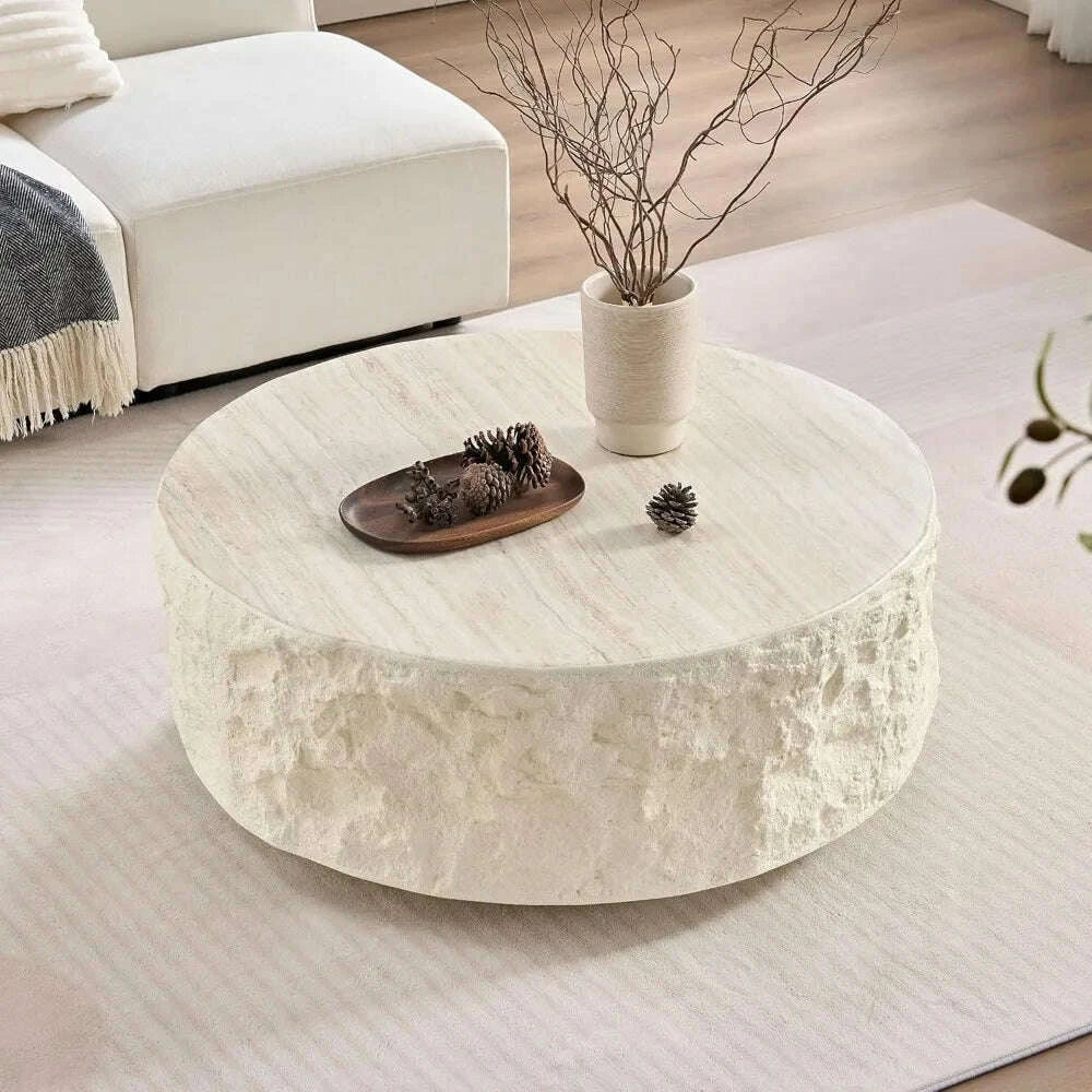 35.43'' Round Coffee Table, Fiberglass Vintage Center Table, Imitation Stone Table Front of The Sofa, Modern Coffee Table for Li