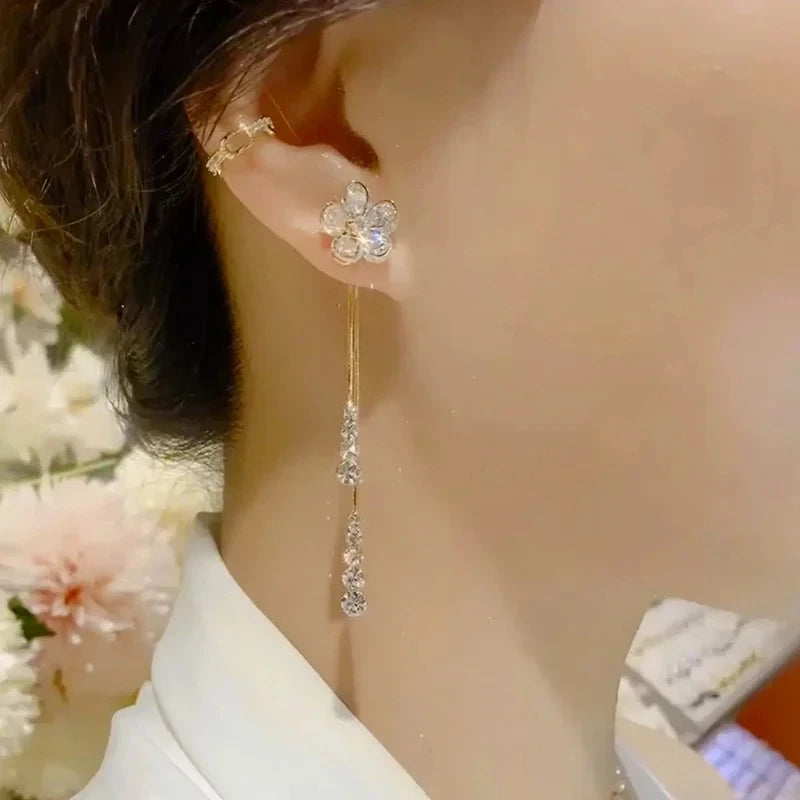 New Sweet Zircon Flower Long Tassel Pendant Stud Earrings for Women Elegant Exquisite Temperament Girls Birthday Gift Jewelry