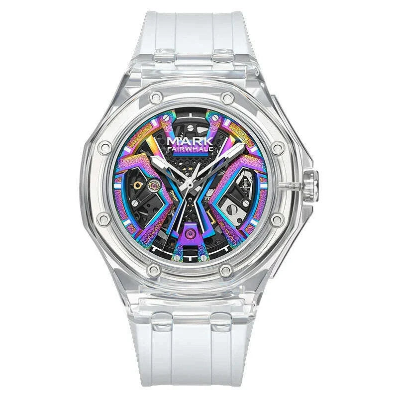 Mark Fairwhale Men's Fashion Automatic Mechanical Watch Sporty Casual Style with Transparent Case Silicone Strap Waterproof