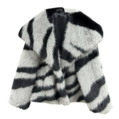 DEAT 2024 Winetr New Fashion Women's Faux Fur Coat Big Collar Contrast Color Striped Long Sleeve Wram Thick Jackets 29L8619