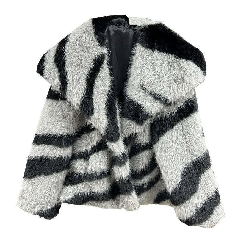 DEAT 2024 Winetr New Fashion Women's Faux Fur Coat Big Collar Contrast Color Striped Long Sleeve Wram Thick Jackets 29L8619