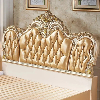 Luxury Gold Double Bed King Size Solid Wood Bedroom Set for Adults, Modern Princess Design Comfort Mattress