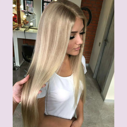 Byluxurious Highlights Gray Gold Blonde Smooth Straight 210% Densitys Brazilian Remy Hair 13x4 Lace Front Transparent Lace Wigs