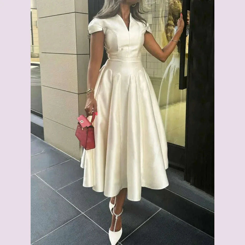 Freeacy Women's Elegant Dress V-neck Cap Sleeves Slim Fit A-line Party Dresses Solid Color High Waist Pleated Midi Dress
